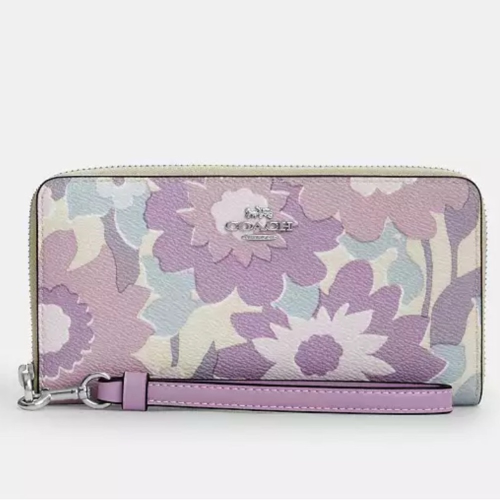 Coach Women's Wallet with Purple and Cream Floral Design